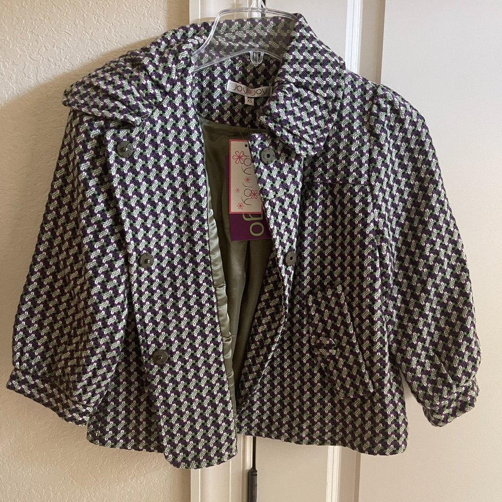 JOY&JOY button up coat, size XS, purple/green/white, NWT never worn